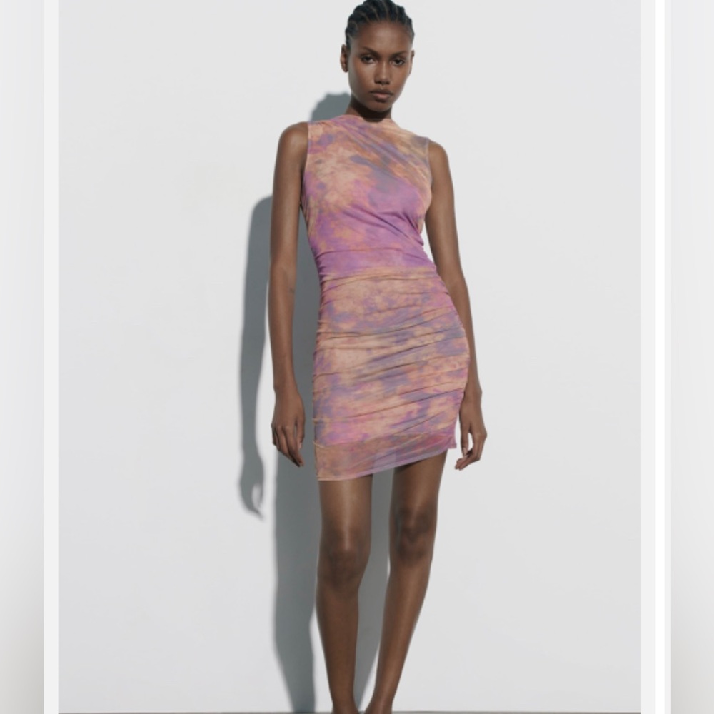 Zara Short Printed Ruched Tulle Dress